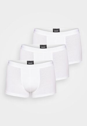 White boxer briefs in a pack of three, made of soft fabric, featuring a black BOSS logo on the waistband, smooth texture, and fitted design.