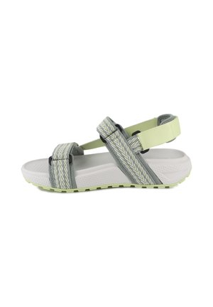 Sandales réglables gris et vert avec des brides à motifs, une semelle blanche texturée et une semelle extérieure vert citron pour l'adhérence.