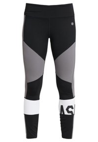 Leggings sportivi neri e grigi con design a blocchi di colore, vita alta e dettagli bianchi con testo stampato sulla parte inferiore della gamba.