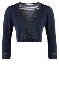 Marinblå kort cardigan i lätt stickad tyg. Har en djup V-halsringning, långa ärmar och öppen front med dekorativa detaljer vid muddarna.