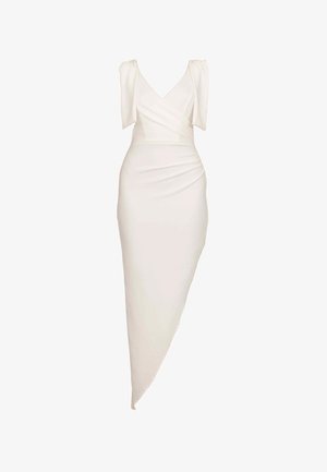 Vestido branco assimétrico com um design envolvente, mangas curtas bufantes e textura drapeada. O tecido parece suave e leve.