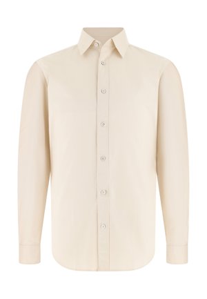 Beige pitkähihaisen napillisen paidan, jossa on terävä kaulus ja seitsemän nappia edessä, esillä valkoista taustaa vasten.