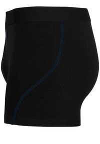 Schwarze Baumwoll-Boxershorts mit glatter Textur, ausgestattet mit blauen Akzentnähten an der Seite und einem breiten elastischen Bund.