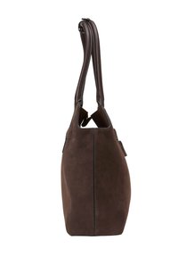 Braune Wildleder-Handtasche mit runder Form, ausgestattet mit zwei dunklen Ledergriffen und subtilen, kontrastierenden Nähten entlang der Kanten.