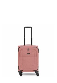 Valigia rosa con finitura in tessuto testurizzato, zip nere, manico retrattile e quattro ruote per la mobilità. Presenta una tasca frontale.