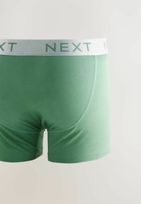 Grüne Baumwollboxershorts mit einem weißen elastischen Bund, auf dem "NEXT" in Hellgrün aufgedruckt ist. Glatte Textur und eng anliegendes Design.