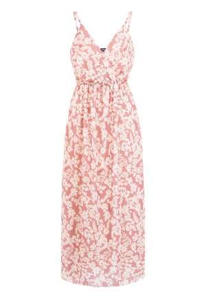 Robe longue rose sans manches avec motif floral blanc, décolleté en V, corsage portefeuille et taille élastiquée.