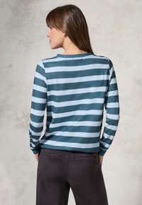 Maglietta a maniche lunghe a righe in verde scuro e azzurro chiaro, con scollatura rotonda e tessuto morbido, abbinata a pantaloni scuri.