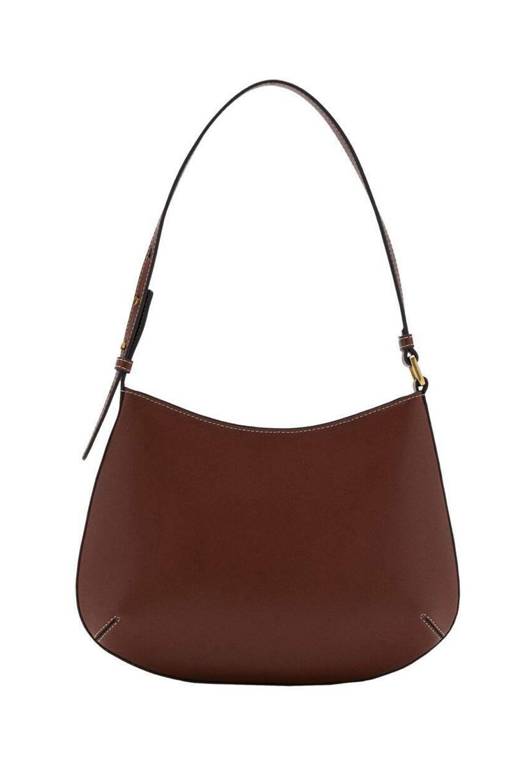 Bruine leren schoudertas met een gebogen silhouet, enkele strap, contrasterende stiksels en een minimalistisch ontwerp.