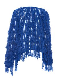 Blå fransad stickad topp med ett öppet vävd design, som har en löst struktur och texturerade trådar. Sömmen är ojämn med långa fransar.