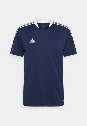 Marineblaues Adidas Sport-T-Shirt mit weißen Schulterstreifen und Kragen, kurzen Ärmeln und Adidas-Logo auf der Brust.