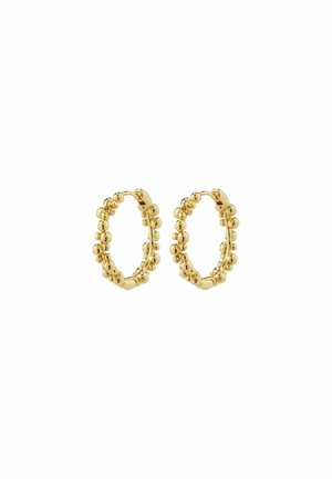 Orecchini a cerchio in oro con un design testurizzato e piccole perline tonde lungo il bordo esterno. Forma circolare con un fermo sicuro.