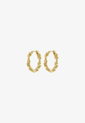 Gold hoop earrings featuring a textured design with small rounded beads along the outer edge. Circular shape with a secure latch.