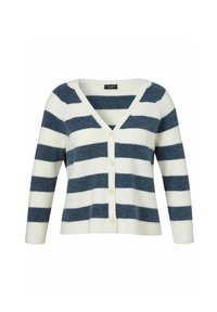 Weißer Cardigan mit dunkelblauen Streifen, gerippter Textur, V-Ausschnitt und Fünf-Knopf-Verschluss. Verfügt über lange Ärmel und weiches Material.