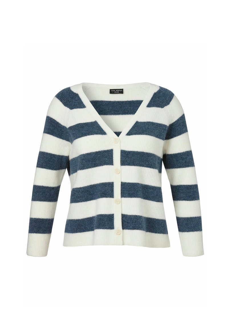 Weißer Cardigan mit dunkelblauen Streifen, gerippter Textur, V-Ausschnitt und Fünf-Knopf-Verschluss. Verfügt über lange Ärmel und weiches Material.