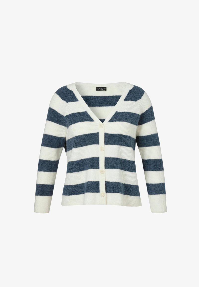 Weißer Cardigan mit dunkelblauen Streifen, gerippter Textur, V-Ausschnitt und Fünf-Knopf-Verschluss. Verfügt über lange Ärmel und weiches Material.