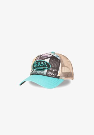 Casquette trucker en mesh turquoise et beige avec patch logo Von Dutch California et texte graphique style vintage sur le panneau avant.