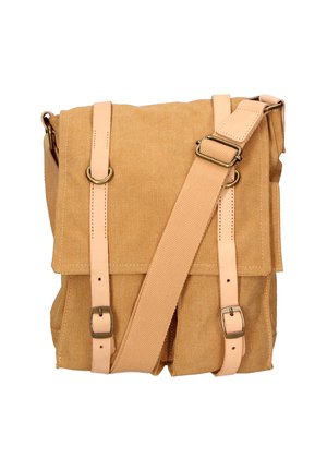 Beige Baumwoll-Umhängetasche mit zwei Vorderfächern, Lederriemen und Messingbeschlägen. Verstellbarer Schultergurt für anpassbare Länge.