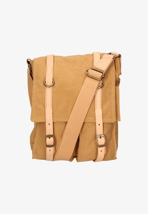 Tan canvas schoudertas met twee voorzakken, leren banden en bronzen beslag. Verstelbare schouderband voor een aanpasbare lengte.