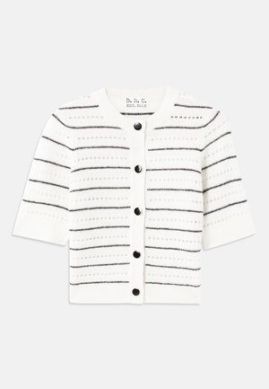 Gilet blanc à manches courtes avec des rayures horizontales noires, doté d'un col rond, de fermetures à boutons et de détails en tricot ouvert.