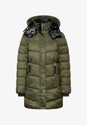 Zateplená parka v olivově zelené barvě s černým lesklým odnímatelným límcem, zipovými bočními kapsami a žebrovanými manžetami. Obsahuje zapínání na patentky.