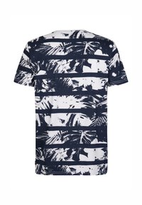 Camiseta de manga corta con un patrón de rayas en azul marino y blanco, decorada con impresiones abstractas de hojas de palmera, hecha de suave tejido de algodón.