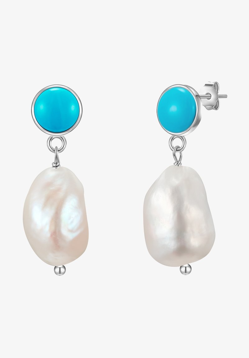 Turkizne in srebrne uhane, ki vključujejo krožno turkizno podlago in visečo nepravilno belo biserno. Gladka površina, sodoben dizajn.