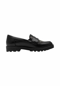 Black leather loafer with a textured pattern on the upper, featuring a broad strap accent and a rugged rubber sole.