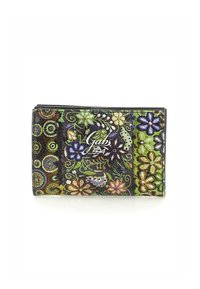 Portafoglio nero con ricami floreali colorati in verde, viola e rosa. Presenta motivi decorativi e un logo argentato. Compatto e rettangolare.