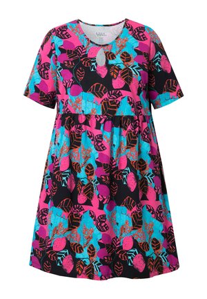 Kurzärmeliges Kleid mit einem abstrakten Blatt- und Fruchtmuster in Rosa, Blau, Schwarz und Orange, Rundhalsausschnitt mit kleinem Schlüsselverschluss-Detail.