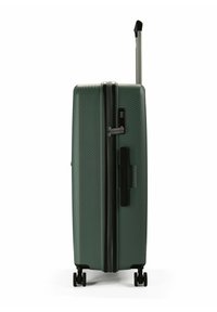 Hartschalenkoffer in dunkelgrün mit strukturiertem Oberflächen, Doppelschlössern, integriertem Zahlenschloss und vier Rädern für Mobilität.