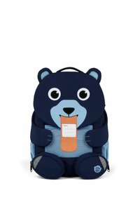 Kinder-Rucksack in Marineblau und Hellblau, geformt wie ein lächelnder Bär mit einem Namensschild auf der Zunge und gepolsterten Schultergurten.