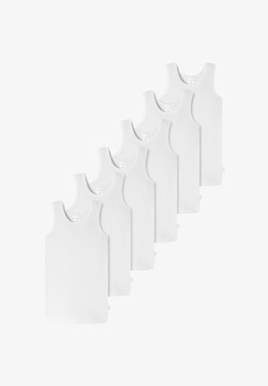 Set di sei canottiere bianche in cotone con scollo rotondo, bordi a costine e una superficie liscia. Uniformi nel design e nel colore.