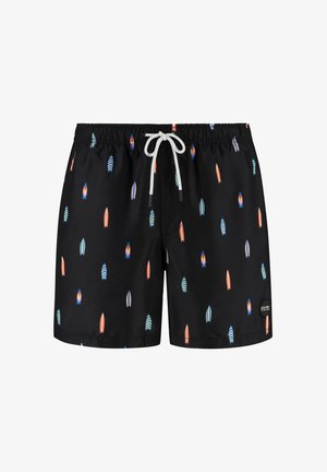 Boxer da bagno neri con motivi di tavole da surf multicolori, cinturino elastico con cordino e piccolo logo del marchio sul lato.