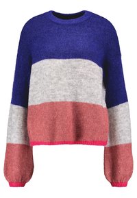 Chunky gestrickter Pullover mit auffälligen horizontalen Streifen in Blau, Grau, Koralle und Neonpink. Rundhalskragen und Ballonärmel. Weicher Stoff.