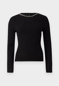 Black ribbed long-sleeve fitted sweater with round neckline adorned with a row of small clear rhinestones.