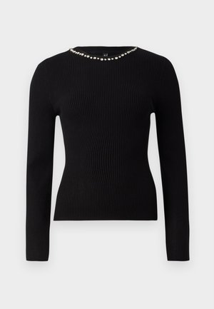 Zwarte geribbelde langarmige fitted trui met ronde halslijn, versierd met een rij kleine heldere rhinestones.