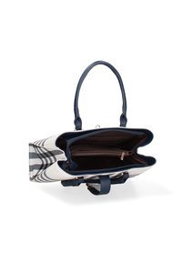 Tote bag met een witte gestreepte buitenkant, blauwe accenten en dubbele handgrepen. De open bovenkant onthult een bruine binnenkant met vakken en een ritscompartiment.