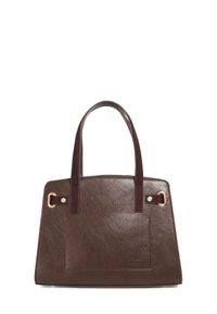 Brown leather tote bag with two dark handles, featuring a flat front pocket, gold hardware accents, and a structured rectangular design.
