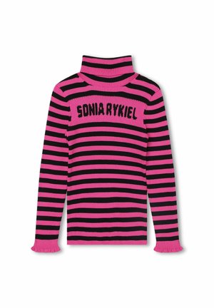 Lyserød og sort vandret stribet rullekravetrøje med teksten "SONIA RYKIEL" strikket henover brystet og flæsemanchetter på de lange ærmer.
