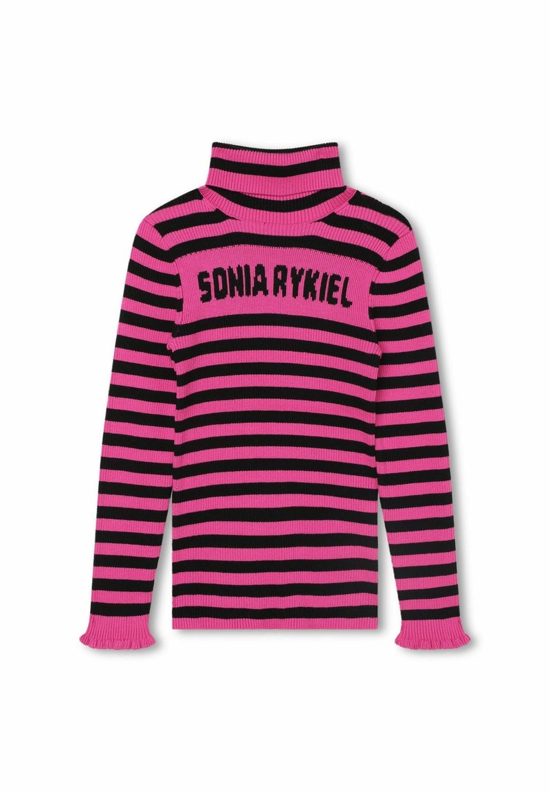Pull à col roulé rayé horizontalement rose et noir avec le texte « SONIA RYKIEL » tricoté sur la poitrine et des poignets froncés aux longues manches.