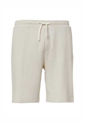 Helle beige Shorts aus weichem Stoff. Mit elastischem Bündchen und Zugband sowie seitlichen Taschen. Der Saum ist verarbeitet.