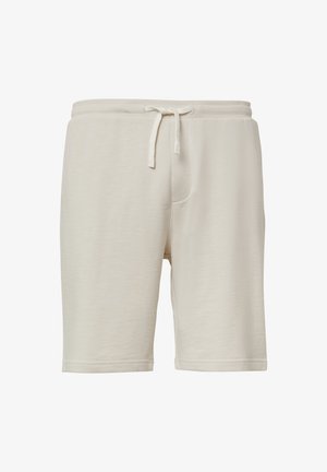 Helle beige Shorts aus weichem Stoff. Mit elastischem Bündchen und Zugband sowie seitlichen Taschen. Der Saum ist verarbeitet.