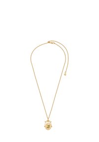 Zlatý náhrdelník s jemným reťazcom a okrúhlym príveskom so zeleným dizajnom písmena "D". Jednoduché uzavieranie na sponu.