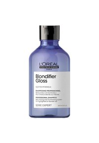 Champú Blondifier Gloss de L'Oréal Professional en una botella redonda, translúcida y púrpura con tapa negra; 300ml, presenta texto en etiqueta blanca.