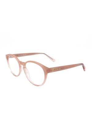 Montatura per occhiali rotonda trasparente rosa chiaro con aste sottili, logo dorato "Love Moschino" sul lato.