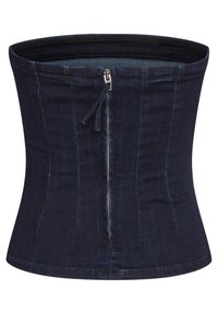 Corsetto in denim scuro con cuciture verticali, dotato di chiusura a zip frontale e un design strutturato e aderente. Texture liscia e bordi puliti.