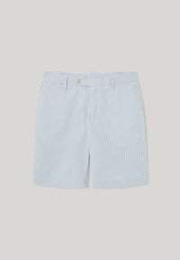 Randiga shorts i ljusblått och vitt, med knappstängning, bältesöglor och sidfickor. Tillverkade av lättviktig tyg.