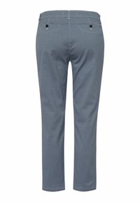 Pantalon bleu à motifs, coupe droite, avec deux poches arrière à boutons, vu de dos sur fond blanc.