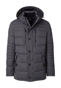 Giacca invernale imbottita grigio scuro con cappuccio, bottoni frontali, due zip verticali sul petto e due tasche laterali con dettagli in bottone.